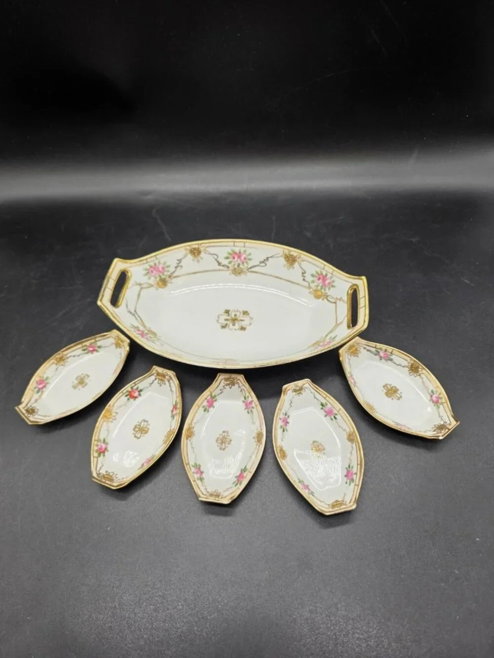 Antique Nippon Handpainted Celery Dish & 5 Matching Salts From Japan Victorian